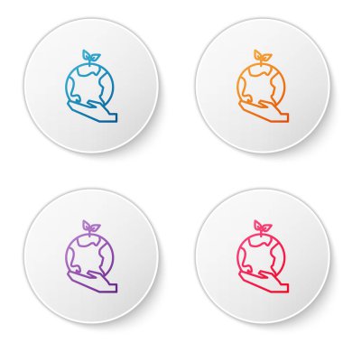 Beyaz arka planda Dünya 'nın simgesini tutan insan eli rengi. Dünya kavramını sakla. Simgeleri daire düğmelerine ayır. Vektör İllüstrasyonu