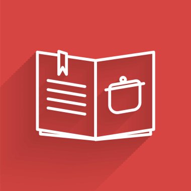 Beyaz çizgi yemek kitabı simgesi uzun gölgeli izole edilmiş. Yemek kitabı ikonu. Yemek tarifi kitabı. Çatal ve bıçak ikonları. Çatal bıçak sembolü. Vektör İllüstrasyonu