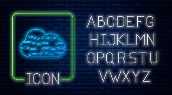 レンガの壁の背景に隔離されたネオンフォグと雲のアイコンを輝く ネオンライトアルファベット ベクターイラスト — ストックベクタ