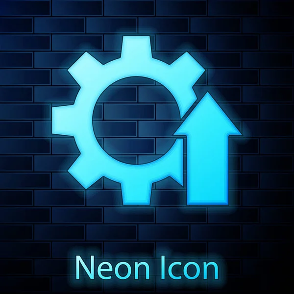 Glödande Neon Arrow Tillväxt Redskap Affärsikonen Isolerad Tegel Vägg Bakgrund — Stock vektor