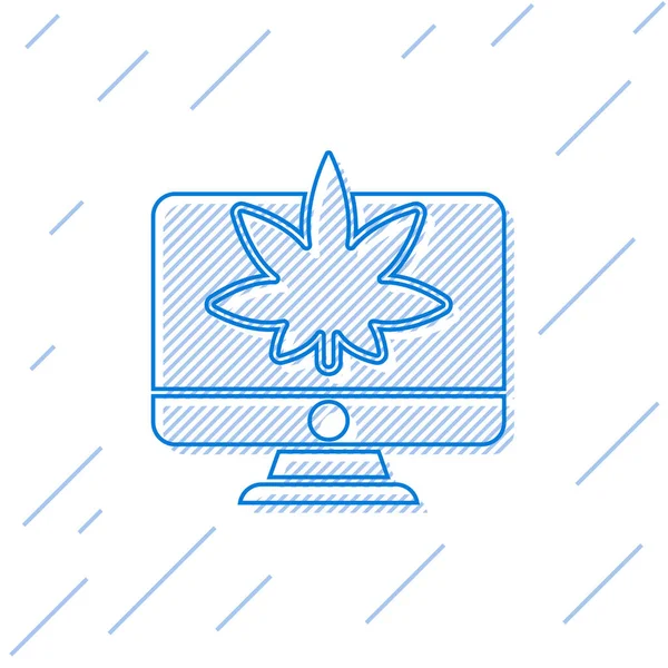 Línea Azul Monitor Computadora Marihuana Medicinal Icono Hoja Cannabis Aislado — Archivo Imágenes Vectoriales