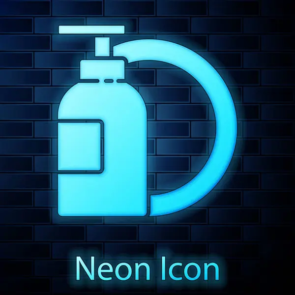Gloeiende Neon Vaatwas Vloeistof Fles Plaat Pictogram Geïsoleerd Baksteen Muur — Stockvector
