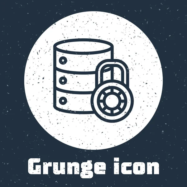 Grunge Line Serversicherheit Mit Geschlossenem Vorhängeschloss Symbol Isoliert Auf Grauem — Stockvektor