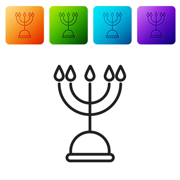 黑线Hanukkah Menorah图标孤立在白色背景 光明节的传统象征 节日宗教 犹太灯节 在彩色正方形按钮中设置图标 病媒图解 — 图库矢量图片