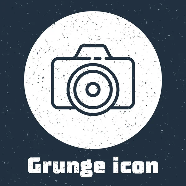 在灰色背景下孤立的Grunge线照片相机图标 Foto相机图标 单色复古绘画 病媒图解 — 图库矢量图片
