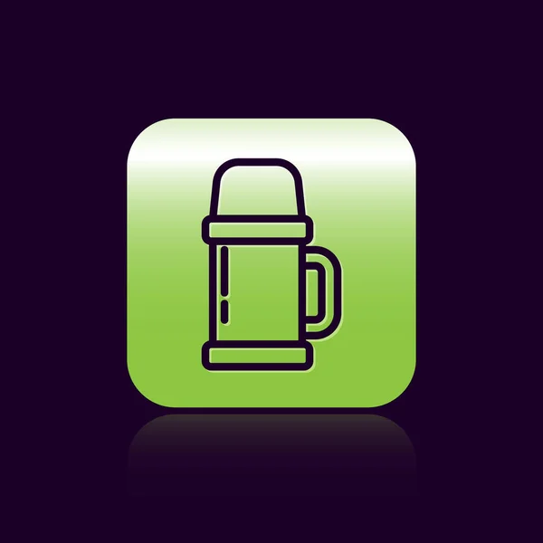 黑线热水瓶图标隔离在黑色背景 热水瓶图标 露营和远足装备 绿色正方形按钮 病媒图解 — 图库矢量图片