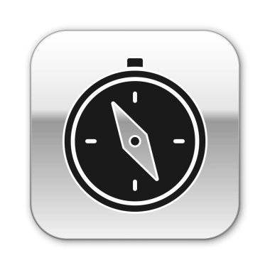 Siyah Pusula simgesi beyaz arkaplanda izole edildi. Rüzgâr yön bulma sembolü. Rüzgar gül işareti. Gümüş kare düğme. Vektör İllüstrasyonu