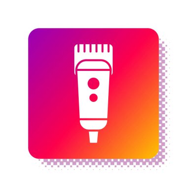 Beyaz elektrikli saç kırpma makinesi ya da traş ikonu beyaz arka planda izole edilmiş. Berber dükkanı sembolü. Kare renk düğmesi. Vektör İllüstrasyonu