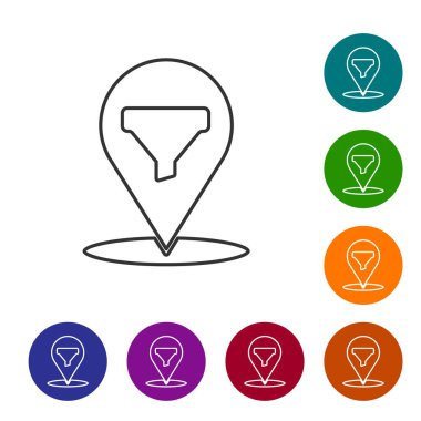 Siyah çizgi konumu beyaz arka planda izole edilmiş huni simgesi satışı. Bilgi şablonu. Simgeleri renk daire düğmelerine ayarla. Vektör İllüstrasyonu