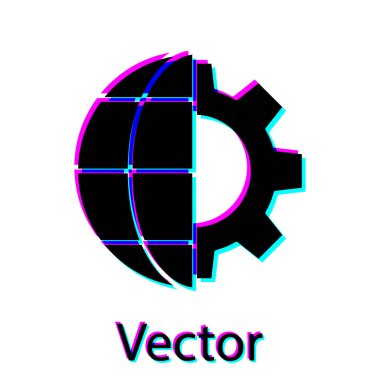 Dünya 'nın Kara Küre' si ve beyaz arka planda izole edilmiş dişli ya da dişli simgesi. Parametreler ayarlanıyor. Global Seçenekler. Vektör İllüstrasyonu