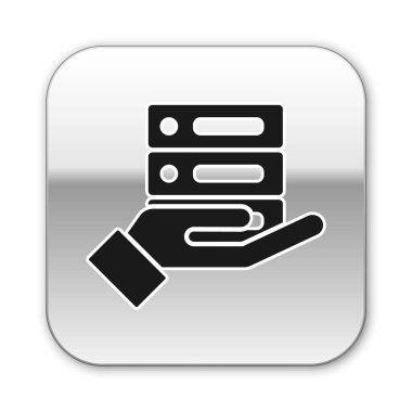 Siyah Sunucu, Data, Web Sunucu simgesi beyaz arkaplanda izole edildi. Gümüş kare düğme. Vektör İllüstrasyonu