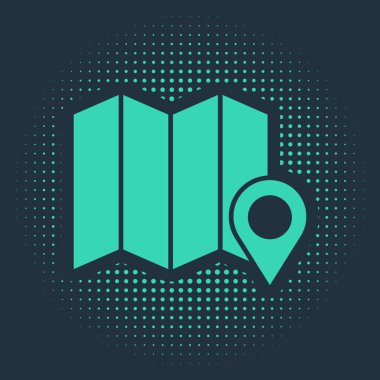 Ormanın yeşil konumu mavi arkaplanda izole edilmiş bir harita simgesi. Soyut çember rastgele noktalar. Vektör İllüstrasyonu