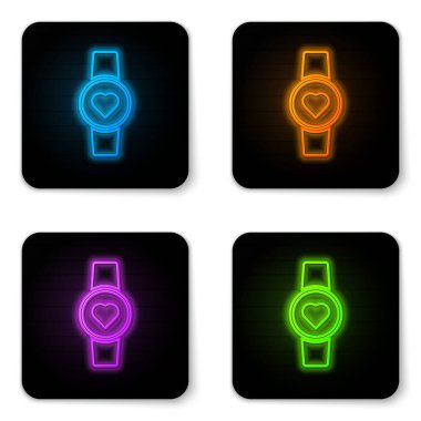 Parlayan neon akıllı saat beyaz arkaplanda kalp atış hızı simgesini gösteriyor. Fitness uygulaması konsepti. Siyah kare düğme. Vektör İllüstrasyonu