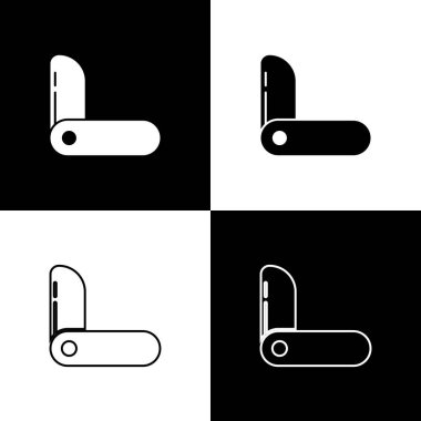 Set İsviçre ordu bıçak simgesi siyah ve beyaz arka plan izole. Çok amaçlı, çok amaçlı penknife. Çok fonksiyonlu bir araç. Vektör İllüstrasyonu