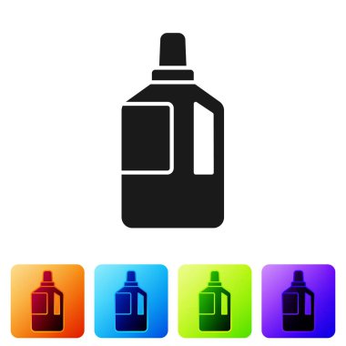 Beyaz arkaplanda siyah kumaş yumuşatıcı simgesi izole edildi. Sıvı çamaşır deterjanı, saç kremi, temizlik maddesi, çamaşır suyu. Renkli kare düğmelerle simgeleri ayarla. Vektör İllüstrasyonu