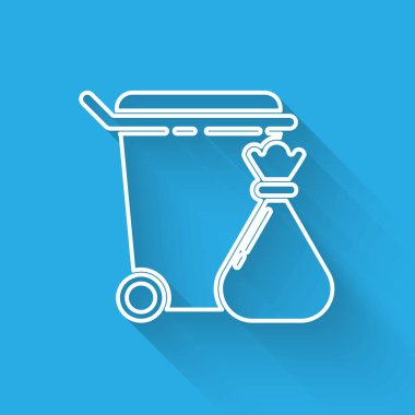 Beyaz çizgi çöp kutusu ve çöp torbası ikonu uzun gölgeli izole edilmiş. Çöp kutusu tabelası. Sepet simgesini geri dönüştür. Ofis çöpü ikonu. Vektör İllüstrasyonu