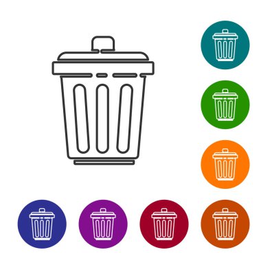 Siyah çizgi Çöp kutusu simgesi beyaz arkaplanda izole edildi. Çöp kutusu tabelası. Sepet simgesini geri dönüştür. Ofis çöpü ikonu. Simgeleri renk daire düğmelerine ayarla. Vektör İllüstrasyonu