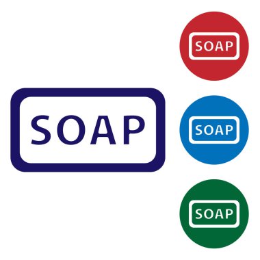 Beyaz arkaplanda izole edilmiş mavi sabun simgesi. Köpüklü sabun çubuğu. Renkli kare düğmelerle simgeleri ayarla. Vektör İllüstrasyonu