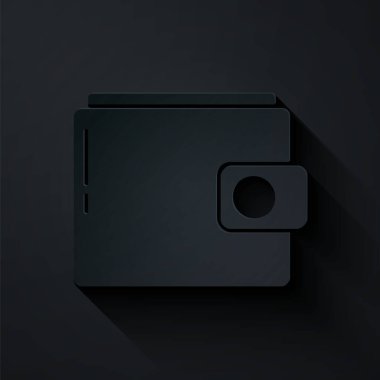 Kağıt kesiği Cüzdan simgesi siyah arkaplanda izole. Çanta ikonu. Nakit tasarruf sembolü. Kağıt sanatı tarzı. Vektör İllüstrasyonu