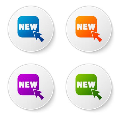 Beyaz arkaplanda izole edilmiş yeni bir simgeye sahip Renk Düğmesi. Rozet fiyatına. Reklam etiketi indirimi. Simgeleri daire düğmelerine ayır. Vektör İllüstrasyonu