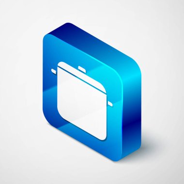 Gri arkaplanda izole edilmiş Isometric Yemek Tenceresi ikonu. Haşlama ya da güveç besin sembolü. Mavi kare düğme. Vektör İllüstrasyonu