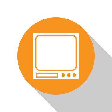 Beyaz Elektronik ölçek simgesi beyaz arkaplanda izole edildi. Ağırlık ölçüm aletleri. Turuncu daire düğmesi. Vektör İllüstrasyonu