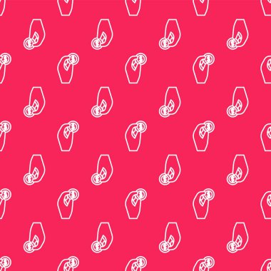 Beyaz çizgili El 'in elinde para ikonu var. Kırmızı arka planda kusursuz desen var. Dolar ya da USD sembolü. Nakit bankacılık tabelası. Vektör İllüstrasyonu