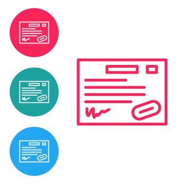 Kırmızı çizgi garanti belgesi şablon simgesi beyaz arkaplanda izole edildi. Simgeleri daire düğmelerine ayır. Vektör İllüstrasyonu