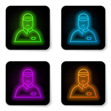 Parlayan neon hattı satıcı simgesi beyaz arkaplanda izole edildi. Siyah kare düğme. Vektör İllüstrasyonu