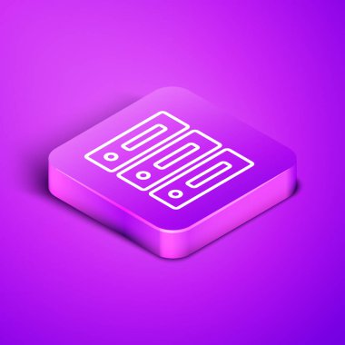Isometric line Server, Data, Web sunucu simgesi mor arkaplanda izole edildi. Mor kare düğme. Vektör İllüstrasyonu