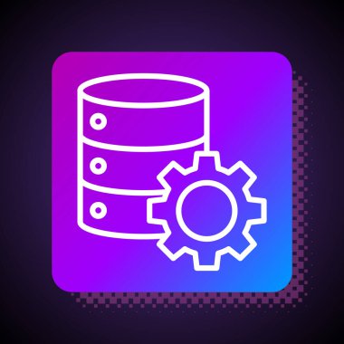 Beyaz çizgi sunucusu ve dişli simgesi siyah arkaplanda izole edildi. Uygulama, servis konsepti, ayar seçenekleri, bakım, onarım, onarım. Kare renk düğmesi. Vektör İllüstrasyonu