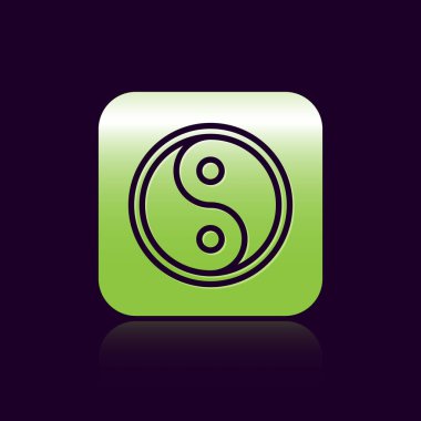 Siyah çizgi Yin Yang, siyah arkaplanda izole edilmiş uyum ve denge sembolü. Yeşil kare düğmesi. Vektör İllüstrasyonu