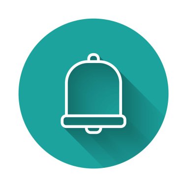 Beyaz çizgi kilise ikonu uzun gölgeli izole edilmiş. Alarm sembolü, servis zili, el zili işareti, uyarı sembolü. Yeşil daire düğmesi. Vektör İllüstrasyonu