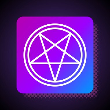 Siyah arkaplanda izole edilmiş bir daire simgesinde beyaz çizgi pentagram. Sihirli okült yıldız sembolü. Kare renk düğmesi. Vektör İllüstrasyonu