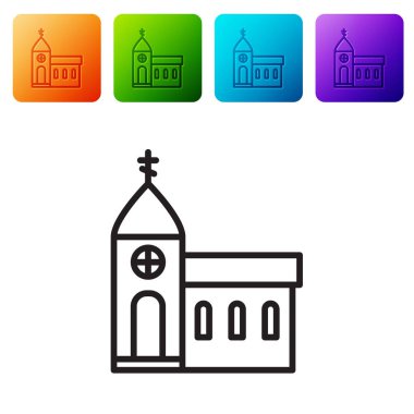 Siyah çizgi kilise binası ikonu beyaz arka planda izole edilmiş. Hıristiyan Kilisesi. Kilisenin dini. Renkli kare düğmelerle simgeleri ayarla. Vektör İllüstrasyonu