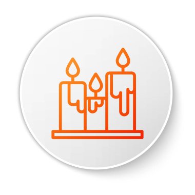 Beyaz arkaplanda izole edilmiş turuncu çizgi yanan mum simgesi. Silindirik mum çubuğu ve yanan ateş. Beyaz daire düğmesi. Vektör İllüstrasyonu