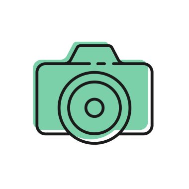 Siyah çizgi fotoğraf makinesi simgesi beyaz arkaplanda izole edildi. Fotoğraf makinesi simgesi. Vektör İllüstrasyonu