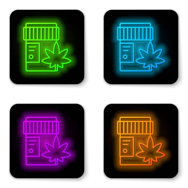 Beyaz arka planda marihuana ya da kenevir yaprağı ikonu bulunan parlak neon hattı tıbbi şişesi. Kavanozlardaki kenevir yağı özlerini taklit et. Siyah kare düğme. Vektör İllüstrasyonu