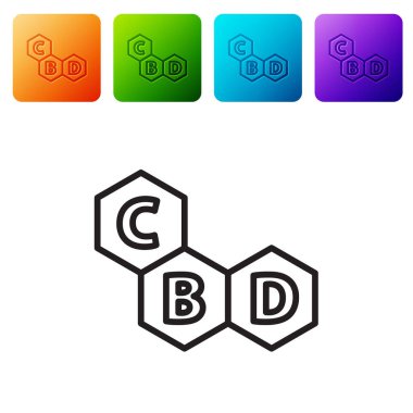 Siyah çizgi kenevir molekül ikonu beyaz arkaplanda izole edildi. Cannabidiol moleküler yapıları, THC ve CBD formülü. Marihuana işareti. Renkli kare düğmelerle simgeleri ayarla. Vektör İllüstrasyonu