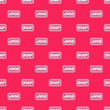 Kırmızı arkaplanda beyaz çizgi sabun simgesi izole edilmiş. Köpüklü sabun çubuğu. Vektör İllüstrasyonu