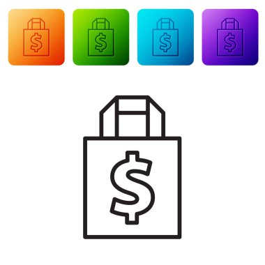 Siyah çizgi Shoping çantası ve dolar sembolü beyaz arka planda izole edilmiş. El çantası işareti. Kadın çanta ikonu. Kadın el çantası işareti. Renkli kare düğmelerle simgeleri ayarla. Vektör İllüstrasyonu