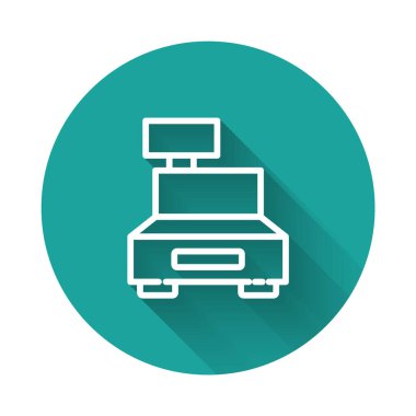 Uzun gölgeli bir çek simgesi olan beyaz çizgi yazar kasa. Kasiyer tabelası. Tabut sembolü. Yeşil daire düğmesi. Vektör İllüstrasyonu