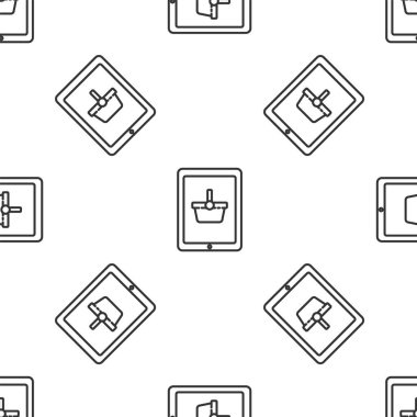 Ekran tableti simgesinde gri çizgi alışveriş sepeti beyaz arka planda izole edilmiş kusursuz desen. Konsept e-ticaret, e-ticaret, online iş pazarlama. Vektör İllüstrasyonu