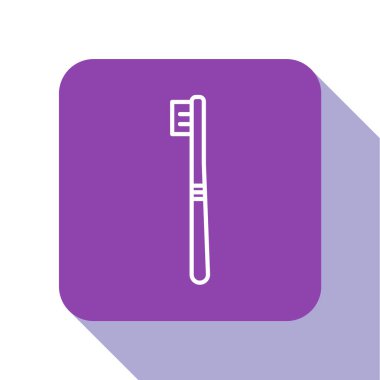 Beyaz çizgi diş fırçası simgesi beyaz arkaplanda izole edildi. Mor kare düğme. Vektör İllüstrasyonu