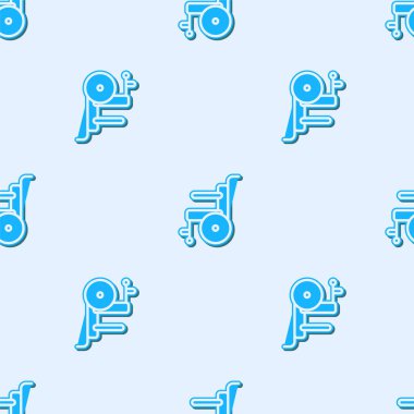 Özürlü kişi simgesi için mavi çizgi tekerlekli sandalye gri arkaplanda izole edilmiş pürüzsüz desen. Vektör İllüstrasyonu