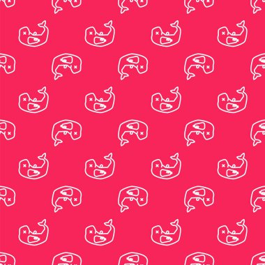 Beyaz çizgi çevre koruma kavramına göre balina ölü ikonu kırmızı arka planda izole edilmiş pürüzsüz desen. Vektör İllüstrasyonu