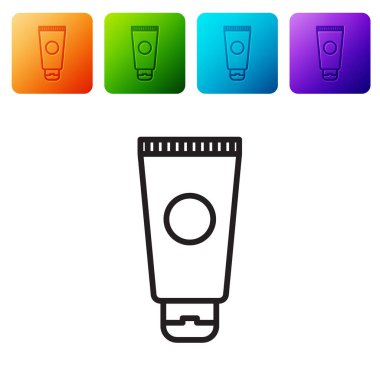 Beyaz arka planda siyah çizgi kremi ya da losyon kozmetik tüp ikonu izole edilmiş. Erkekler için vücut bakım ürünleri. Renkli kare düğmelerle simgeleri ayarla. Vektör İllüstrasyonu