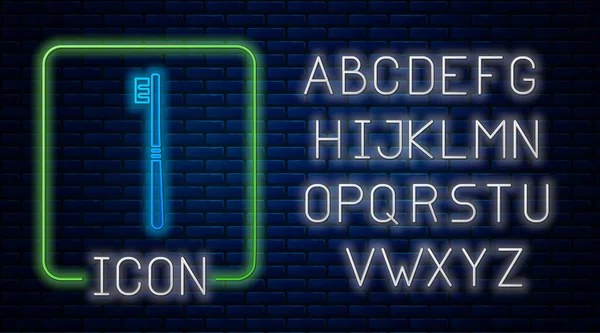 Leuchtende Neon Zahnbürste Symbol Isoliert Auf Backsteinwand Hintergrund Neonlicht Alphabet — Stockvektor