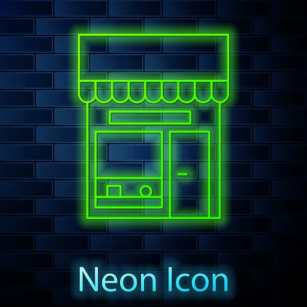 Glödande Neon Linje Shopping Byggnad Eller Marknadsbutik Ikon Isolerad Tegelvägg — Stock vektor