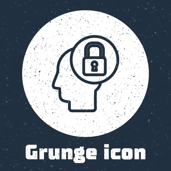 Γραμμή Grunge Ανθρώπινο Κεφάλι Εικονίδιο Κλειδώματος Απομονωμένο Γκρι Φόντο Μονόχρωμη — Διανυσματικό Αρχείο